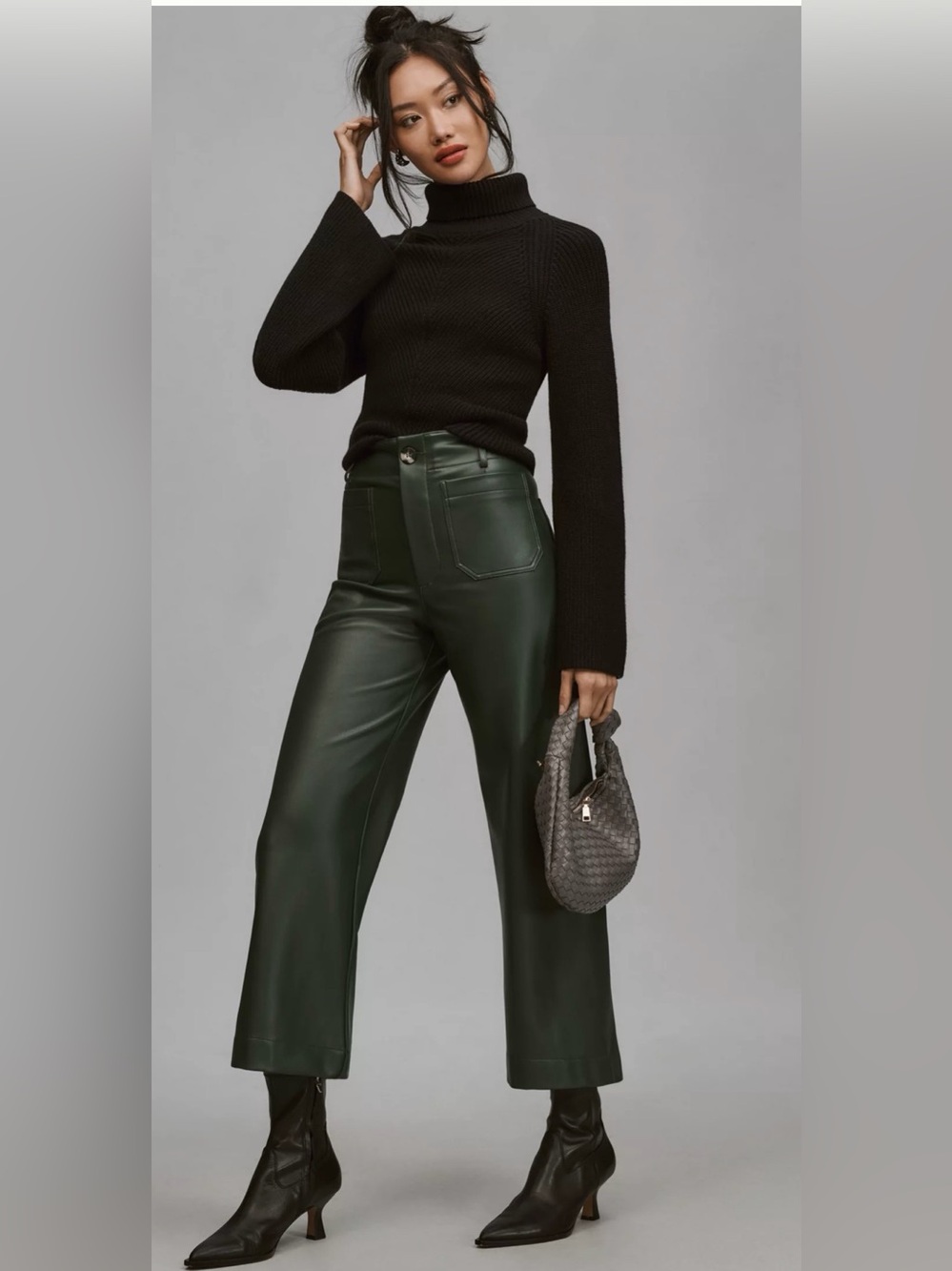 Maeve Dark Green Faux Leather Wide-Leg Pants